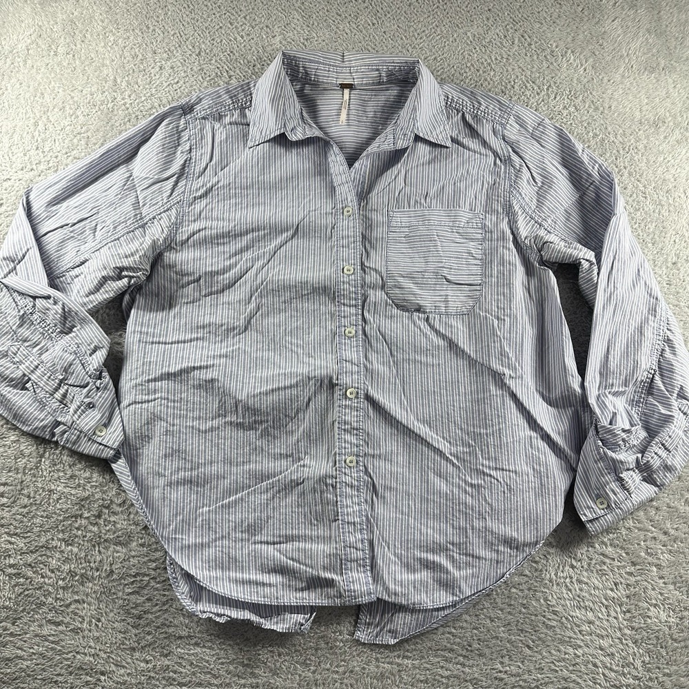 Free People Shirt Blouse Womens Small Tie It In a Bow Pin Stripe Blue‎ Button Up